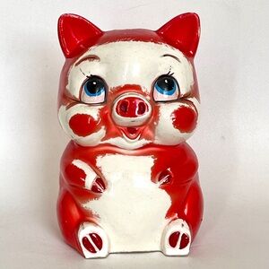 1960s Piggy Bank Vintage Chalkware Coin Bank Red Enamel Sitting Pig RIES Japan